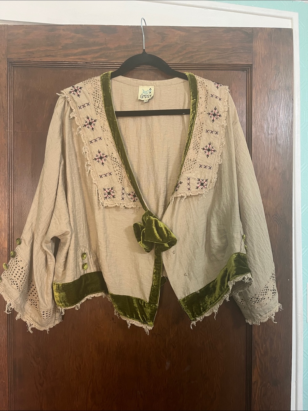 Gypsy Embroidered Boho Jacket with Olive Velvet Trim